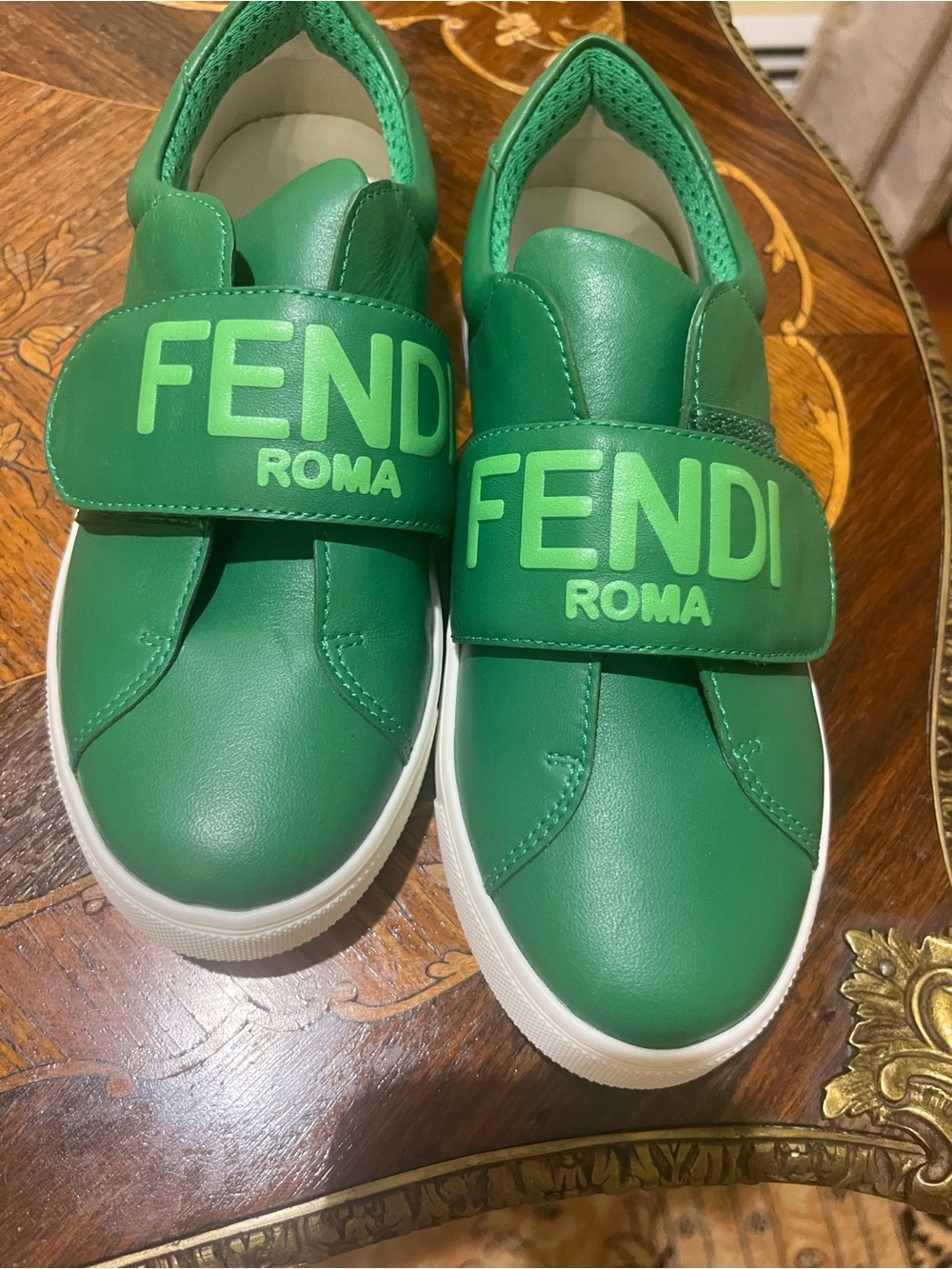 Authentic Fendi Kids Green Logo Strap Sneakers